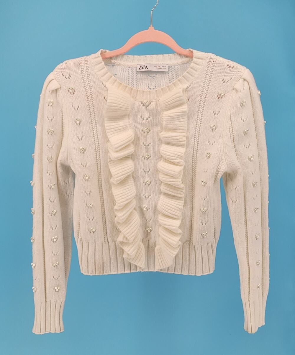 Zara Womens S/Girls L Cream Knit Pearl Ruffled Long Sleeve Pullover Sweater